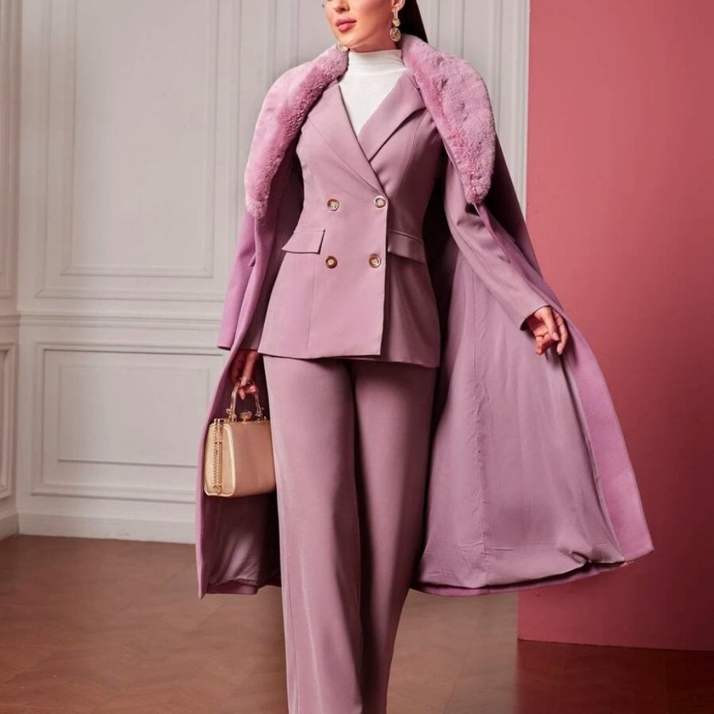 Faux fur trimmed Collar Single Button Overcoat Jacket Purple - Picture 4 of 8